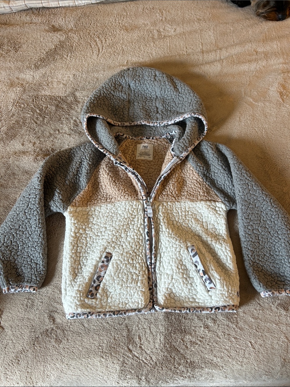 Little Sleepies Two-Tone Sherpa uZip Hoodie in Gray & Cream with Leopard Trim 5